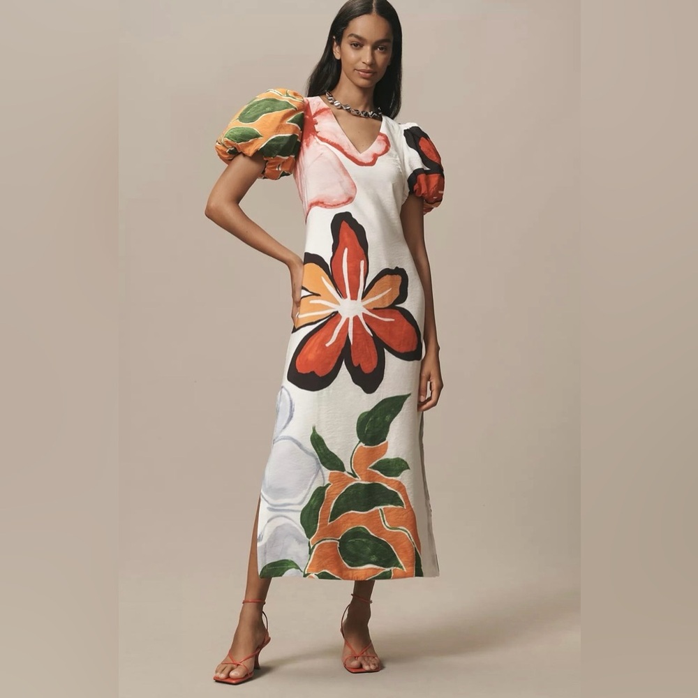 By Anthropologie puff sleeve a line maxi dress